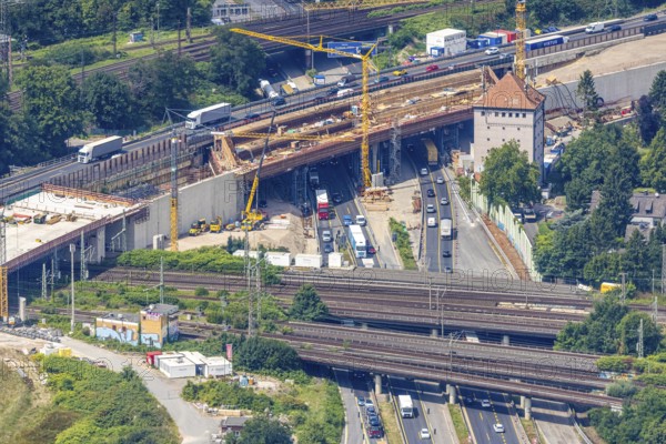 Aerial view, Kaiserberg motorway junction with major construction site, Werthacker bunker, Duissern, Duisburg, Ruhr area, North Rhine-Westphalia, Germany