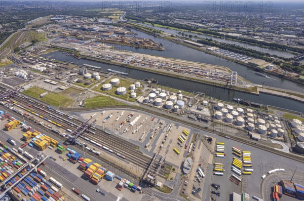 Aerial view, Duisburg harbour with oil island, coal island container terminal and scrap island raw material island, Ruhrort, Duisburg, Ruhr area, North Rhine-Westphalia, Germany