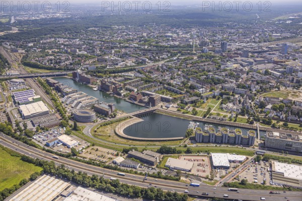 Aerial view, Eurogate staircase inner harbour and commercial buildings, view of Duisburg, Kaßlerfeld, Duisburg, Ruhr area, North Rhine-Westphalia, Germany