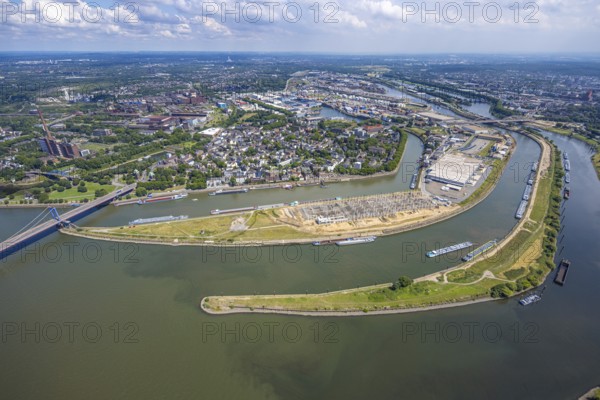 Aerial view, Duisburg harbour general view, Mercatorinsel inland navigation on Vinckekanal and harbour canal, Stangenwald construction site with new logistics hall, Ruhrort, Duisburg, Ruhr area, North Rhine-Westphalia, Germany