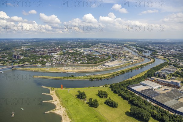 Aerial view, Duisburg harbour general view, Mercatorinsel inland navigation on Vinckekanal and harbour canal, Stangenwald construction site with new logistics hall, sculpture Rheinorange at the river Ruhr estuary, Ruhrort, Duisburg, Ruhr area, North Rhine-Westphalia, Germany