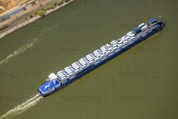 Aerial view, transport ship with car transporter cargo, bee ship on the river Rhine, Alt-Homberg, Duisburg, Ruhr area, North Rhine-Westphalia, Germany
