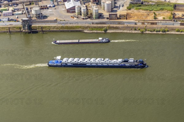 Aerial view, transport ship with car transporter cargo, bee ship on the river Rhine, Alt-Homberg, Duisburg, Ruhr area, North Rhine-Westphalia, Germany