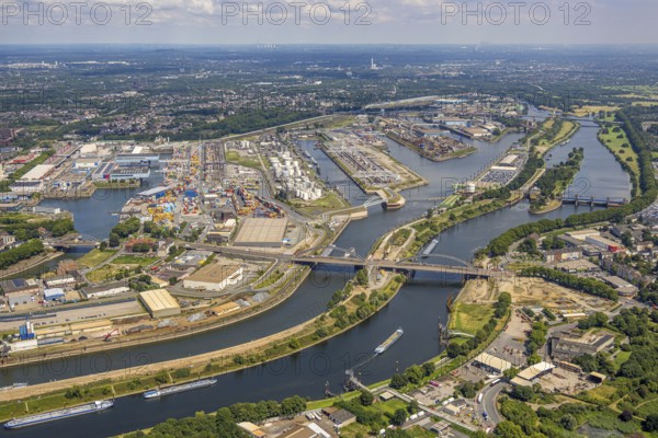 Aerial view, Duisburg harbour general view, Karl-Lehr-Bridge, Ruhrort, Duisburg, Ruhr area, North Rhine-Westphalia, Germany