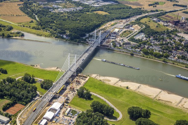 Aerial view, major construction site Rhine bridge Neuenkamp with motorway A40 over the river Rhine, junction Homberg, Alt-Homberg, Duisburg, Ruhr area, North Rhine-Westphalia, Germany