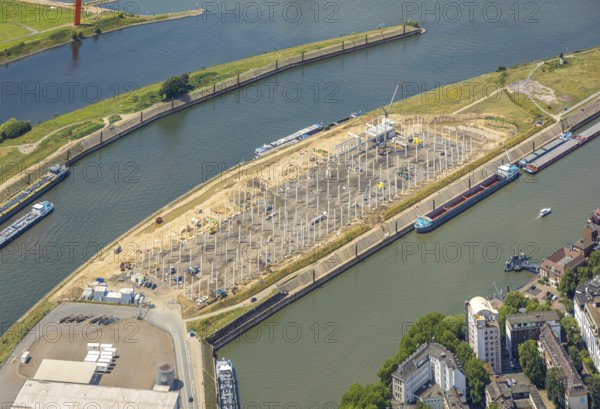 Aerial view, Mercatorinsel inland navigation on Vinckekanal and harbour canal, Stangenwald construction site with new logistics hall, Ruhrort, Duisburg, Ruhr area, North Rhine-Westphalia, Germany