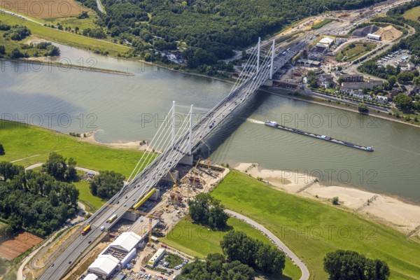 Aerial view, major construction site Rhine bridge Neuenkamp with motorway A40 over the river Rhine, junction Homberg, Alt-Homberg, Duisburg, Ruhr area, North Rhine-Westphalia, Germany