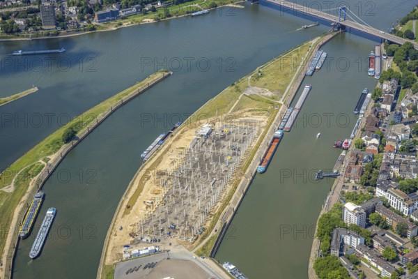 Aerial view, Mercatorinsel inland navigation on Vinckekanal and harbour canal, Stangenwald construction site with new logistics hall, Ruhrort, Duisburg, Ruhr area, North Rhine-Westphalia, Germany