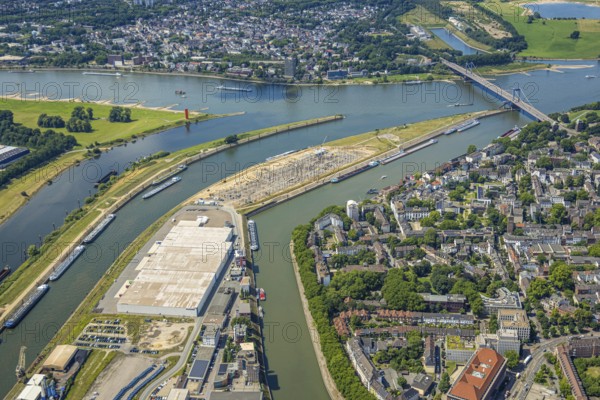 Aerial view, Mercatorinsel inland navigation on Vinckekanal and harbour canal, Stangenwald construction site with new logistics hall, river Rhine and Friedrich-Ebert-Bridge, Ruhrort, Duisburg, Ruhr area, North Rhine-Westphalia, Germany