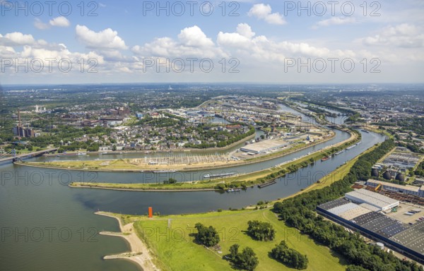 Aerial view, Duisburg harbour general view, Mercatorinsel inland navigation on Vinckekanal and harbour canal, Stangenwald construction site with new logistics hall, sculpture Rheinorange at the river Ruhr estuary, Ruhrort, Duisburg, Ruhr area, North Rhine-Westphalia, Germany