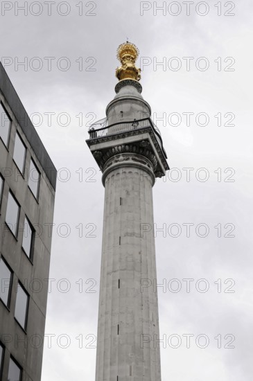 Corinthian Column in Warwick Court, London, Column with gold decorated top in front of clear blue sky, London region, England, Great Britain, Europe, Tall historic column with gilded crown and detailed stone structure