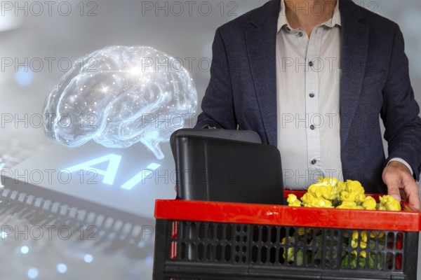 (Photomontage) Symbolic image of dismissal due to artificial intelligence: close-up of a dismissed employee in front of a virtual background