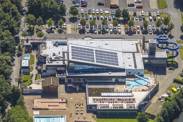 Aerial view, Olpe leisure pool, outdoor and indoor swimming pool with sun loungers and water slide, Olpe town, Olpe, Sauerland, North Rhine-Westphalia, Germany