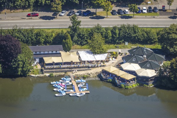 Aerial view, Biggesee boathouse restaurant with outdoor catering, SUP-STATION - Windsurfing Siegerland, pedal boats at the jetty, people in the boat, Olpe town, Olpe, Sauerland, North Rhine-Westphalia, Germany
