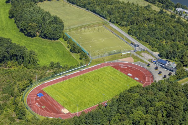 Aerial view, sports facility Kreuzbergstadion, football stadium and athletics stadium, Olpe town, Olpe, Sauerland, North Rhine-Westphalia, Germany