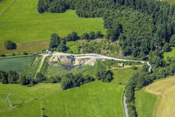 Aerial view, wasteland and construction site In der Wasche, Olpe-Stadt, Olpe, Sauerland, North Rhine-Westphalia, Germany