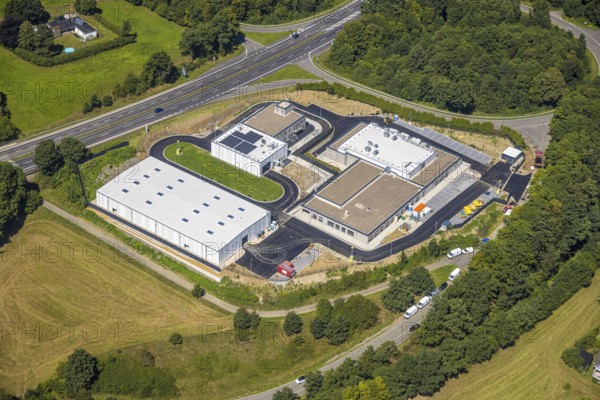Aerial view, Rosenthal industrial estate, construction site for new North Rhine-Westphalia police training centre, Olpe town, Olpe, Sauerland, North Rhine-Westphalia, Germany