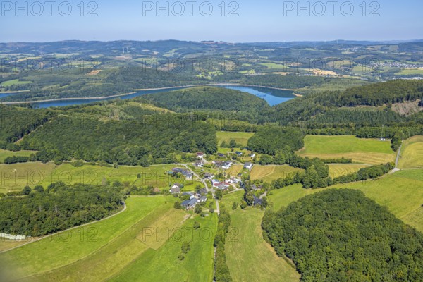 Aerial view, residential area, view of Bürberg district, wooded hilly landscape and view to Biggesee, Bürberg, Attendorn, Sauerland, North Rhine-Westphalia, Germany