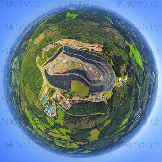 Aerial photograph, Olpe landfill site of Olper Entsorgungszentrum GmbH & Co. KG, forest area, globe, fisheye image, 360 degree image, tiny world, little planet, fisheye image, Oberveischede, Olpe, Ruhr area, North Rhine-Westphalia, Germany