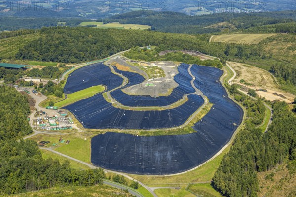 Aerial view, site covered with plastic tarpaulins of the landfill Olper Entsorgungszentrum GmbH, Oberveischede Unterneger, Oberveischede, Olpe, Sauerland, North Rhine-Westphalia, Germany