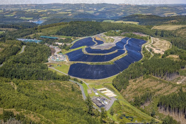 Aerial view, site covered with plastic tarpaulins of the landfill Olper Entsorgungszentrum GmbH, Oberveischede Unterneger, Oberveischede, Olpe, Sauerland, North Rhine-Westphalia, Germany
