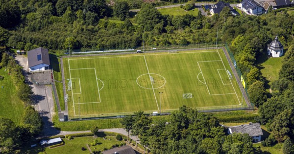 Aerial view, Am Kapellchen sports ground, football stadium, Oberveischede, Olpe, Sauerland, North Rhine-Westphalia, Germany