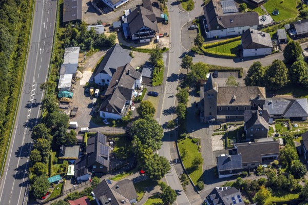 Aerial view, parish church of St Lucia, Oberveischede, Olpe, Sauerland, North Rhine-Westphalia, Germany