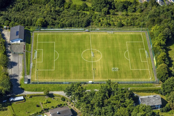 Aerial view, Am Kapellchen sports ground, football stadium, Oberveischede, Olpe, Sauerland, North Rhine-Westphalia, Germany