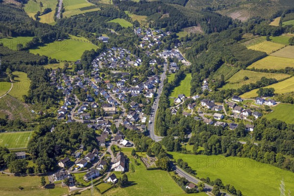 Aerial view, residential area, view of Oberveischede, hilly landscape with distant view, Oberveischede, Olpe, Sauerland, North Rhine-Westphalia, Germany