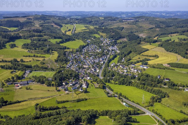 Aerial view, residential area, view of Oberveischede, hilly landscape with distant view, Oberveischede, Olpe, Sauerland, North Rhine-Westphalia, Germany