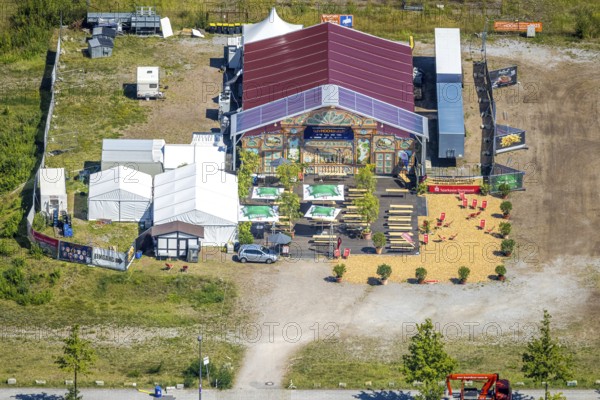 Aerial view, Phoenix-West, Phoenix-East, RuhrHOCHdeutsch, culture tent, Phoenix Lake, Hörde, former steelworks site, Dortmund, Ruhr area, North Rhine-Westphalia, Germany