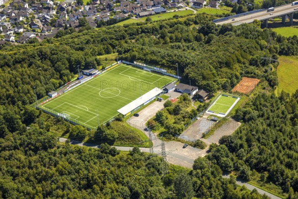 Aerial view, football stadium sports ground VfR Rüblinghausen, Dahl, Olpe, Sauerland, North Rhine-Westphalia, Germany