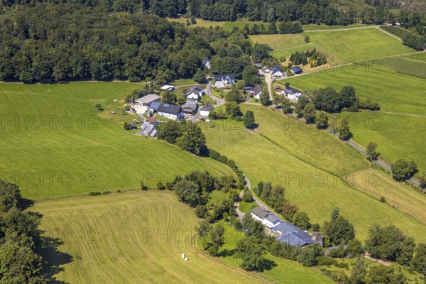 Aerial view, view of Dirkingen residential area, meadows and fields, Iseringhausen, Drolshagen, Sauerland, North Rhine-Westphalia, Germany