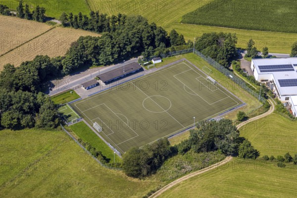 Aerial view, football stadium Vogelwiese Iseringhausen SPVG Iseringhausen, Iseringhausen, Drolshagen, Sauerland, North Rhine-Westphalia, Germany