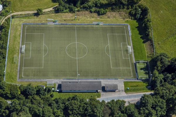 Aerial view, football stadium Vogelwiese Iseringhausen SPVG Iseringhausen, Iseringhausen, Drolshagen, Sauerland, North Rhine-Westphalia, Germany