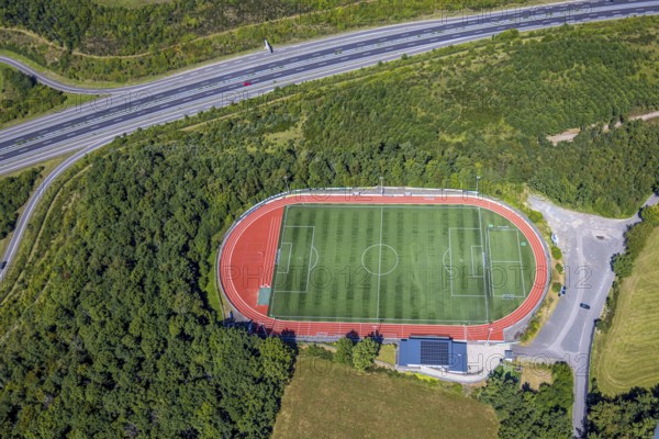 Aerial view, football stadium Sportanlage FSV Gerlingen e.V., on the A4 motorway, Gerlingen, Wenden, Sauerland, North Rhine-Westphalia, Germany