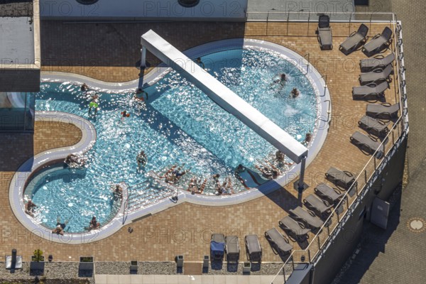 Aerial view, saltwater pool of the Olpe leisure pool, outdoor pool and indoor pool with sun loungers, Olpe town, Olpe, Sauerland, North Rhine-Westphalia, Germany