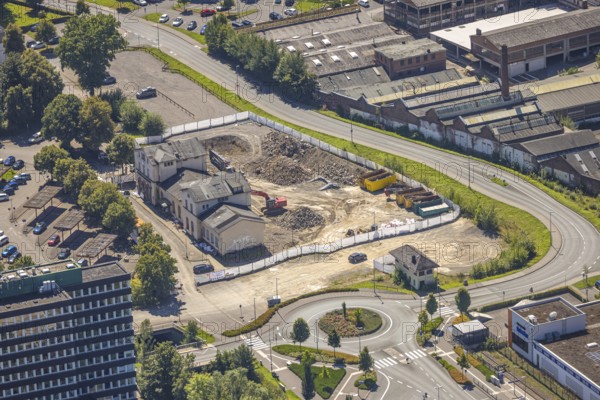 Aerial view, demolition of former railway station building on Stellwerkstraße, roundabout, Olpe town, Olpe, Sauerland, North Rhine-Westphalia, Germany