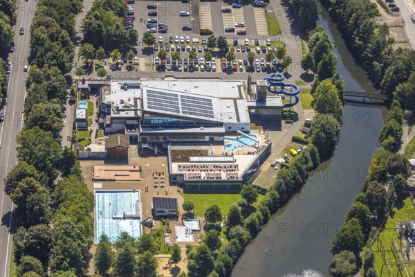Aerial view, Olpe leisure pool, outdoor and indoor swimming pool with sun loungers and water slide, Olpe town, Olpe, Sauerland, North Rhine-Westphalia, Germany