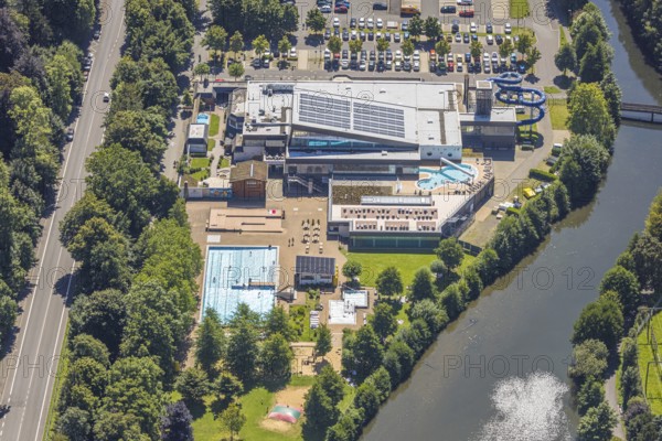 Aerial view, Olpe leisure pool, outdoor and indoor swimming pool with sun loungers and water slide, Olpe town, Olpe, Sauerland, North Rhine-Westphalia, Germany