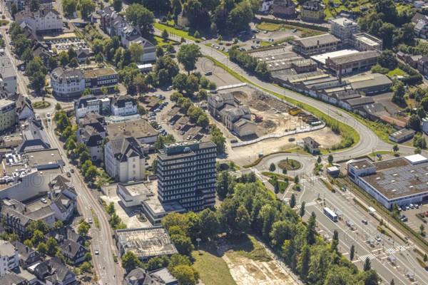 Aerial view, demolition of former railway station building on Stellwerkstraße, roundabout, high-rise town hall Olpe, Olpe town, Olpe, Sauerland, North Rhine-Westphalia, Germany