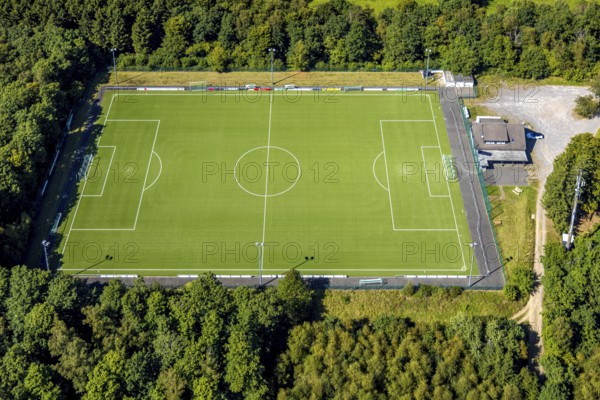Aerial view, sports field TUS Rhode, grass pitch, artificial turf sports field, Sauerland, Rhode, Olpe, North Rhine-Westphalia, Germany