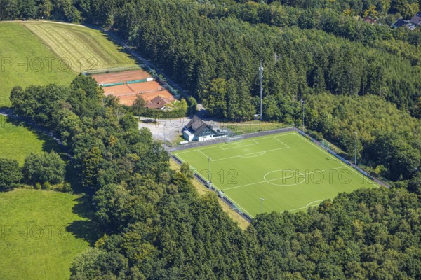 Aerial view, sports field TUS Rhode, grass pitch, artificial turf sports field, Sauerland, Rhode, Olpe, North Rhine-Westphalia, Germany
