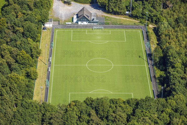 Aerial view, sports field TUS Rhode, grass pitch, artificial turf sports field, Sauerland, Rhode, Olpe, North Rhine-Westphalia, Germany