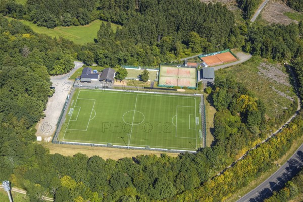 Aerial view, sports field TUS Rhode, grass pitch, artificial turf sports field, Sauerland, Rhode, Olpe, North Rhine-Westphalia, Germany