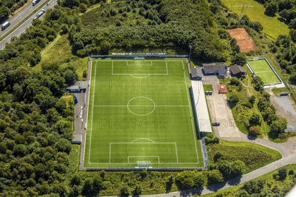 Aerial view, football stadium sports ground VfR Rüblinghausen, Dahl, Olpe, Sauerland, North Rhine-Westphalia, Germany