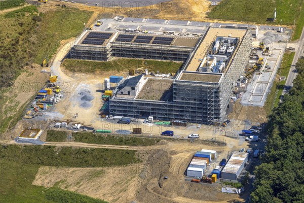 Aerial view, construction site and new building with scaffolding Hazard Prevention Centre (GAZ) of the Olpe district, Am Bratzkopf, Dahl, Olpe, Sauerland, North Rhine-Westphalia, Germany