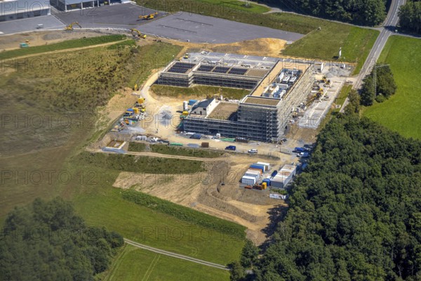Aerial view, construction site and new building with scaffolding Hazard Prevention Centre (GAZ) of the Olpe district, Am Bratzkopf, Dahl, Olpe, Sauerland, North Rhine-Westphalia, Germany