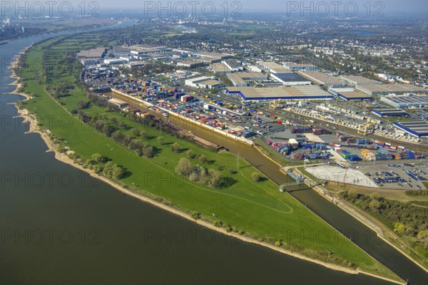 Aerial view, duisport harbour, logport I Rheinhausen, logport 1, container port, Duisburg harbour D3T Duisburg Trimodal Terminal, automobile logistics, river Rhine and distant view, Friemersheim, Duisburg, Ruhr area, North Rhine-Westphalia, Germany