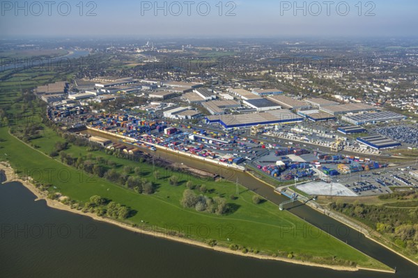 Aerial view, duisport harbour, logport I Rheinhausen, logport 1, container port, Duisburg harbour D3T Duisburg Trimodal Terminal, automobile logistics, river Rhine and distant view, Friemersheim, Duisburg, Ruhr area, North Rhine-Westphalia, Germany